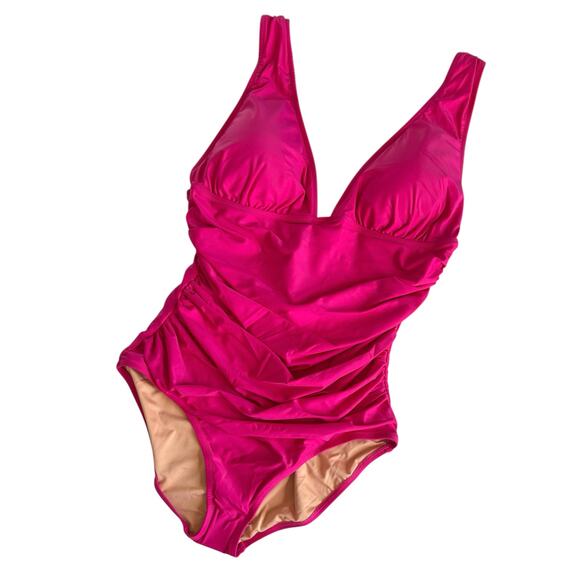 J.Crew Radiant Fuchsia Ruched V-Neck One Piece Swimsuit Women’s Size 14 NWT - Picture 1 of 10